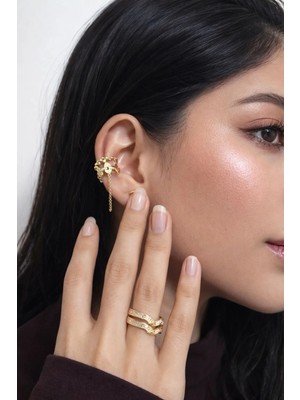 Ascera Zirkon Taşlı 316L Altın Renk Çelik Takı Seti – x Form Yüzük ve Kıkırdak Küpe (Ear Cuff) Kararmaz