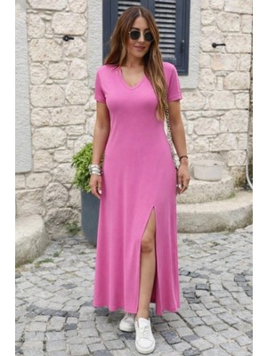 Marsilyan- Kadın Kısa Kollu V Yakalı Maksi Boy Viskon Elbise