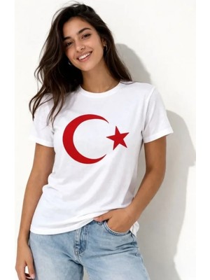 Marsilyan- T-Shirt Kısa Kol Bisiklet Yaka Ay Yıldız Bayrak Baskılı Tişört - Beyaz