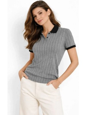 Marsilyan- Polo Yaka Çizgili Tişört Kısa Kol Düğmeli Yazlık T-Shirt - Gri