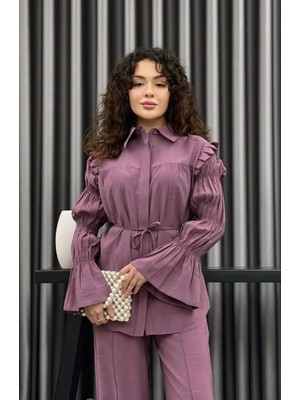 Cardella Serena Yazlık Tnsl Kumaş Büzgü Detaylı Gömlek Pantolon Takım – Kuşaklı Rahat Kesim Tesettür Uyumlu Alt Üst Takım