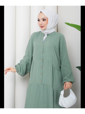 Moda Neva Uzun Kollu Muslin Kumaş Düğmeli Elbise