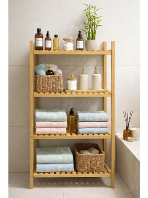 Exent, Dekoratif 4 Raflı Doğal Kayın Ahşap Banyo Dolabı, Banyo Rafı, Çok Amaçlı Dolap