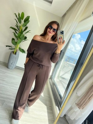Marsilyan- Kadın Uzun Kollu Tek Omuzdan Açık Modal Bluz ve Pantolon Ikili Takım