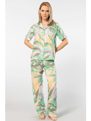 Türen Kadin Desenli Kisa Kol Dokuma Pijama Takimi 3604/YEŞIL