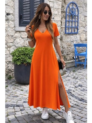 Marsilyan- Kadın Kısa Kollu V Yakalı Maksi Boy Viskon Elbise