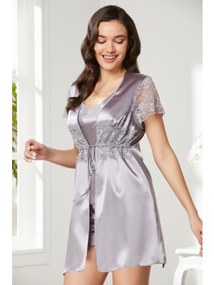 Pierre Cardin Royal Saten Dantelli 3'lü Kadın Sabahlık-Şort Takım 2480