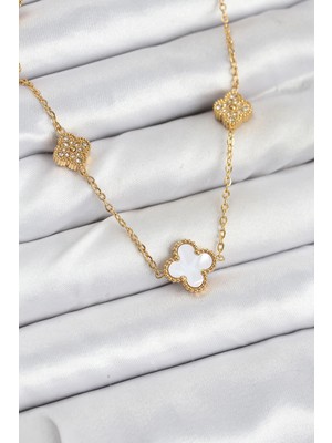 Ayışığı 316L Çelik Zincir Gold Renk Beyaz ve Zirkon Taşlı Yonca Kadın Kolye