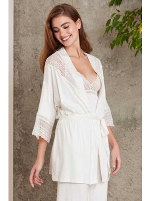 Pierre Cardin 2820 Kadın Ekru Dantelli Penye 3'lü Sabahlıklı Pijama Takım