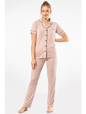 Türen Kadin Düz Kisa Kollu Gömlek Yaka Pijama Takimi 3368/PUDRA