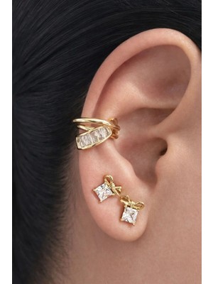 Ascera Zirkon Taşlı Fiyonk Detaylı Çelik 3’lü Küpe Seti – Kadın Gold Çivili Küpe & Kıkırdak Küpe