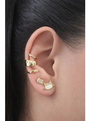 Ascera Gold Çelik Zirkon Taşlı Kedi Figürlü 3’lü Küpe Seti – Kadın Küpe & Kıkırdak Küpe