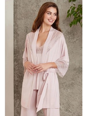 Pierre Cardin 2820 Kadın Pudra Dantelli Penye 3'lü Sabahlıklı Pijama Takım