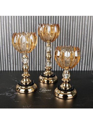 YNSK Ultra Lüks Kristal Taşlı Metal Ayaklı Şamdan 3'lü Set Cam