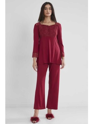 Pierre Cardin Kadın Penye Dantelli Pijama Takımı 1241 Bordo