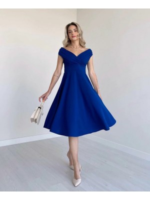 Marsilyan- Kadın Kısa Kollu Kruvaze Yaka Eteği Volanlı Krep Elbise