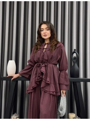 Cardella Vual Kumaş Bağlama Detaylı Salaş Takım - Astarlı, Belden Kuşaklı, Oversize Şık Kadın Kombin