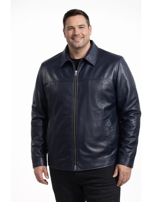 Viamod Leather Büyük Beden Erkek Hakiki Deri Ceket Lacivert Premium Gömlek Yaka Klasik Model Gerçek Deri Mont Üretici Garantili