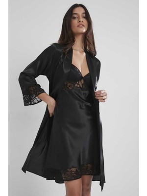 Pierre Cardin Siyah 2li Balensiz Kaplı Gecelik Sabahlık 4075