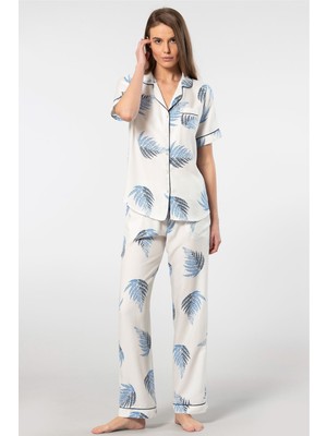Türen Kadin Desenli Kisa Kol Dokuma Pijama Takimi 3604/EKRU