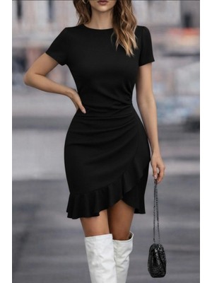 Marsilyan- Kadın Kısa Kollu Bisiklet Yaka Önden Volanlı Ithal Krep Elbise