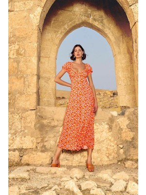 Red Womans Viskon Çiçek Desenli Kısa Kollu Elbise