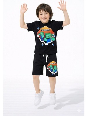 ButumiKids Erkek Çocuk Karakter Baskılı Bisiklet Yaka Pamuklu T-Shirt Şort Alt Üst Takım