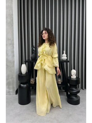 Cardella Vual Kumaş Bağlama Detaylı Salaş Takım - Astarlı, Belden Kuşaklı, Oversize Şık Kadın Kombin