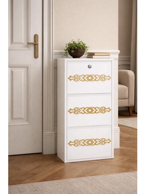 Karlı 3'lü Kilitli Beyaz Gold Desenli Metal Ayakkabılık