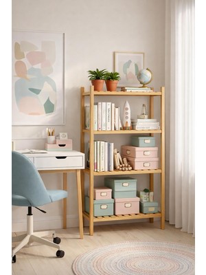 Exent, Dekoratif 4 Raflı Doğal Kayın Ahşap Kitaplık, Çok Amaçlı Dolap