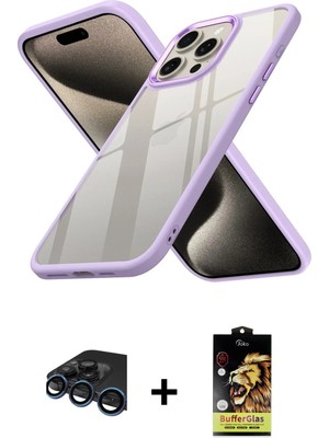 BUTİMAR'S iPhone 15 Pro Max Nova Işık Serisi - Siyah Buffer Cam Ekran Koruyucu + Lacivert Raze Metal Kamera Lens