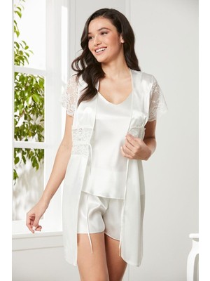 Pierre Cardin Ekru Saten Dantelli 3'lü Kadın Sabahlık-Şort Takım 2480