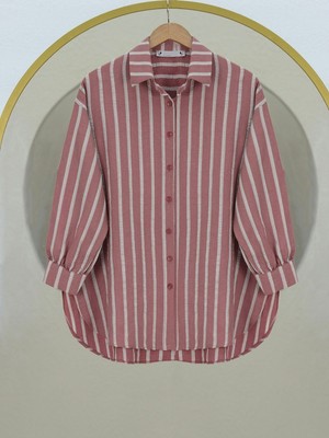 Modamorfo Boydan Düğmeli Arkası Uzun Çizgili Gömlek -G.kurusu