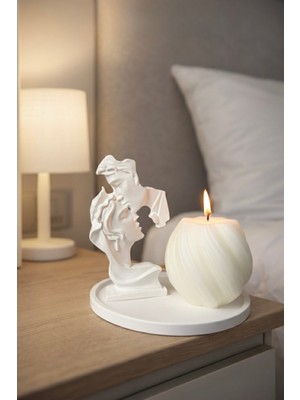 Yasmella Home Aşk Temalı Heykel + Romantik Burgu Mum + Yuvarlak Sunum Tepsi