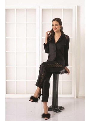 Pierre Cardin Siyah Kadın Sırtı Dantel Saten Pijama Takımı 1438