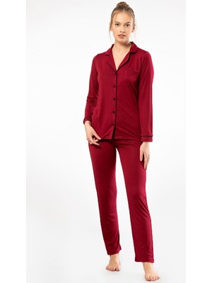 Türen Kadin Düz Uzun Kollu Gömlek Yaka Pijama Takimi 3365/BORDO