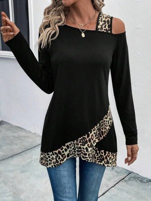 Marsilyan- Kadın Tek O Uzdan Açık Askılı Uzun Kollu Leopar Detaylı Viskon Bluz