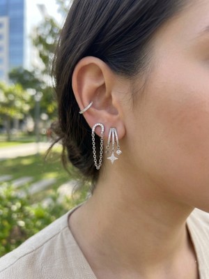 Museum Of You Gümüş Renk Zirkon Taşlı 3'lü Küpe Seti - Zincir Detaylı Yıldız Figürlü - Rodyum Kaplama - Kararma Yapmaz