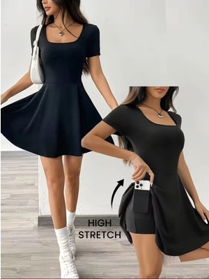 Marsilyan- Kadın Kısa Kollu Kare Yakalı Cep Detaylı Dalgıç Elbise Tulum