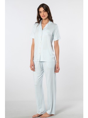 Türen Çizgili Kisa Kollu Gömlek Yaka Pijama Takimi 3355/MAVI