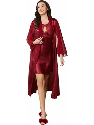 Pierre Cardin Saten Dantelli Gecelik ve Sabahlık Takımı 4375 Bordo