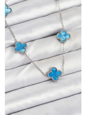 Ayışığı 316L Çelik Zincir Gümüş Buz Mavisi Renk Yonca Kadın Kolye