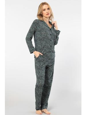 Türen Çiçek Desenli Uzun Kollu Gömlek Yaka Pijama Takimi 3379/YEŞIL