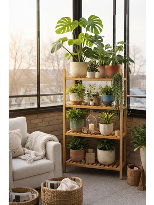 Exent, Dekoratif 4 Raflı Doğal Kayın Ahşap Çiçeklik, Saksılık, Çok Amaçlı Dolap