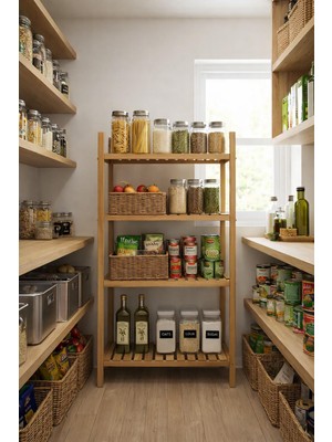 Exent, Dekoratif 4 Raflı Doğal Kayın Ahşap Kiler Dolabı, Mutfak Dolabı, Çok Amaçlı Dolap