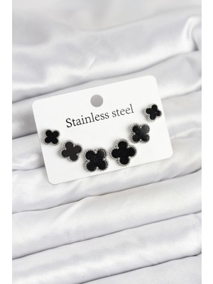 Ayışığı 316L Çelik Gümüş Siyah Renk 3 Boy Yonca Küpe Seti