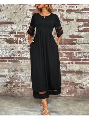 Marsilyan- Kadın Kısa Kollu Bisiklet Yaka Tül Detaylı Janjan Krep Maksi Elbise