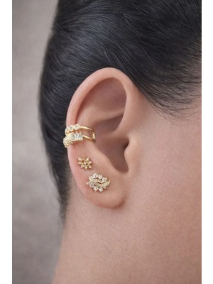 Ascera Çelik Zirkon Taşlı 3’lü Küpe Seti – Gold Kadın Küpe & Kıkırdak Küpe Minimal Kombin