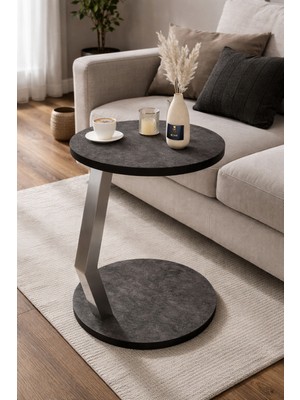 Tekerlekli C Sehpa Koltuk Sehpası Yan Sehpa Zigon Sehpa Servis Sehpası -Sıyah Mermer