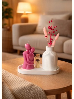 Yasmella Home Sonsuz Sarılan Sevgili Çift + Çizgili Dekor Vazo + Oval Düz Sunum Tepsi+ Cam Tüp Kibrit (20 Adet)